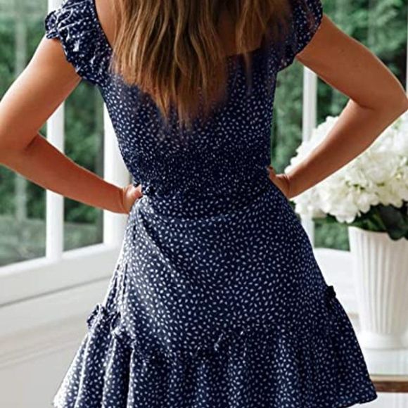 YOBECHO Womens Summer Ruffle Sleeve Sweetheart Neckline Printing Dress - Picture 3 of 4